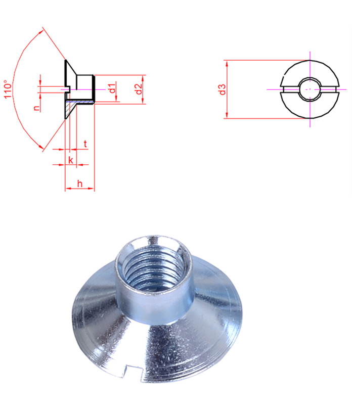 Slotted flat countersunk nuts 110° steel